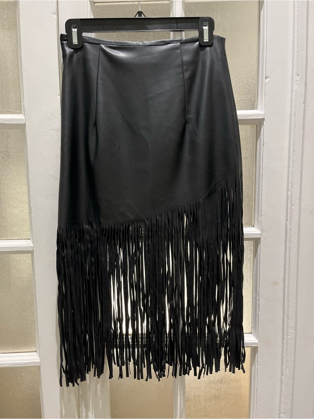 Black Blue B Faux-Leather High-Low Fringe Skirt